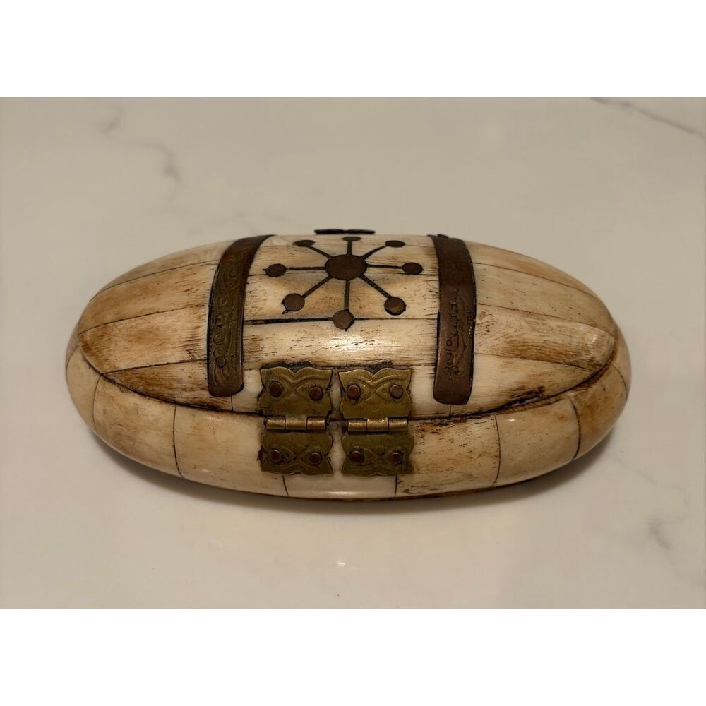 Vintage camel bone and brass handmade oval jewelry box, handcrafted velvet-lined